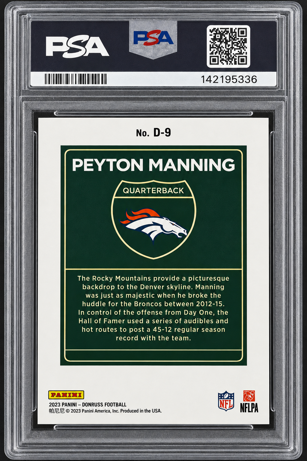 2023 Donruss Peyton Manning Downtown! #D9 PSA 10 Gem Mint