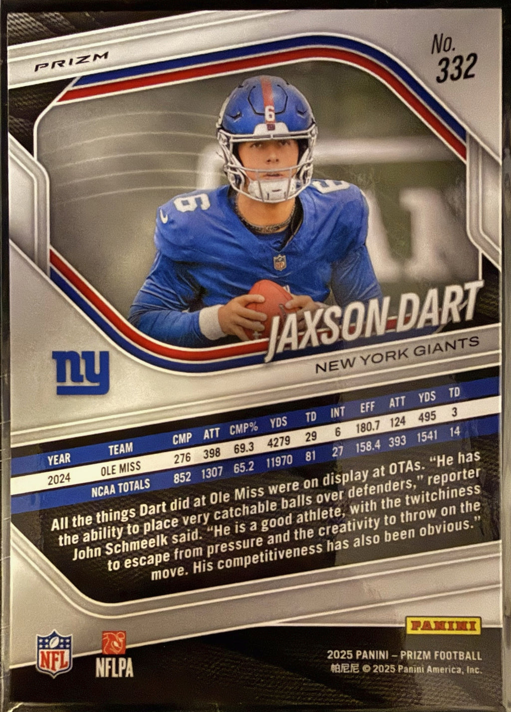 2025 Panini Prizm Jaxson Dart Lazer Prizm Rookie Card #332 – New York Giants
