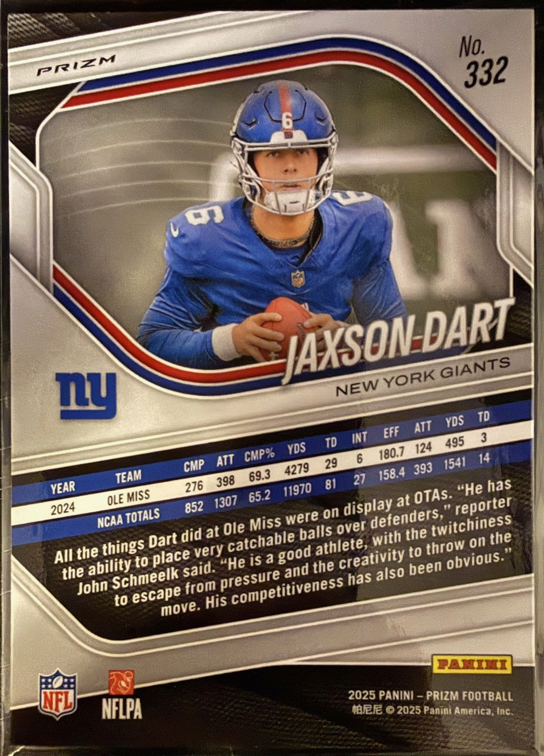 2025 Panini Prizm Jaxson Dart Lazer Prizm Rookie Card #332 – New York Giants