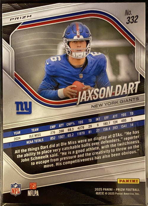 2025 Panini Prizm Jaxson Dart Lazer Prizm Rookie Card #332 – New York Giants
