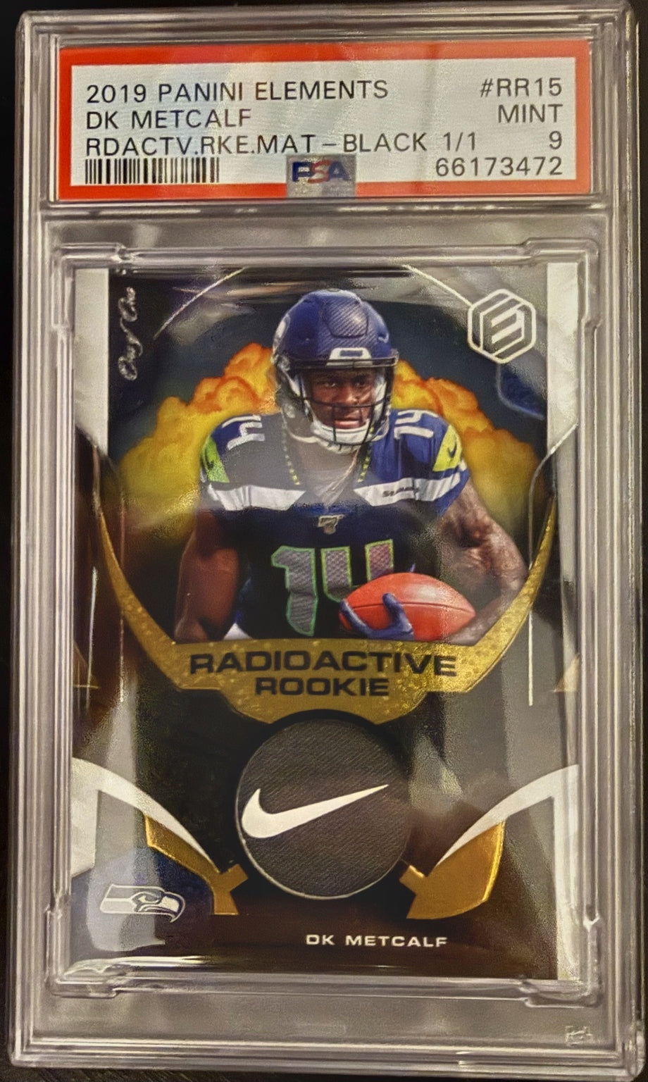 2019 Panini Elements DK Metcalf Radioactive Rookie Materials Black 1/1 PSA 9