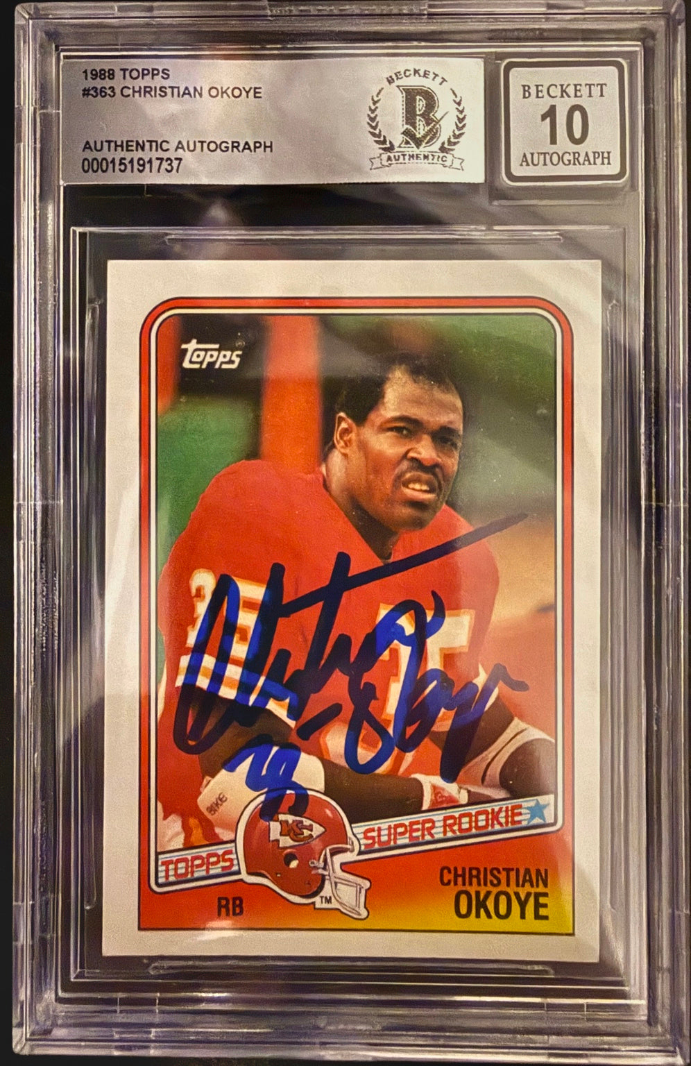 1988 Topps Christian Okoye #363 Signed Rookie RC Beckett Auto 10