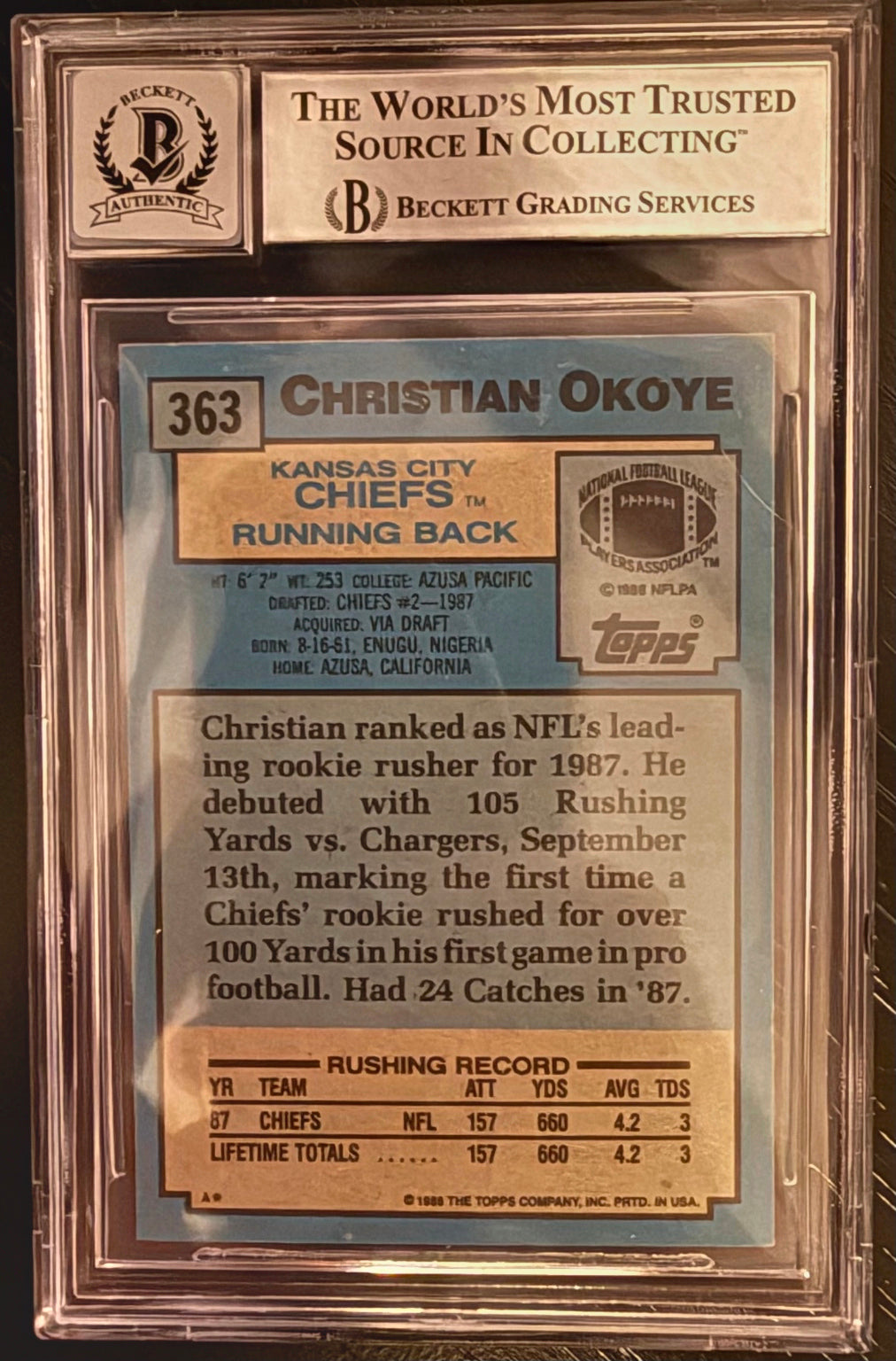 1988 Topps Christian Okoye #363 Signed Rookie RC Beckett Auto 10
