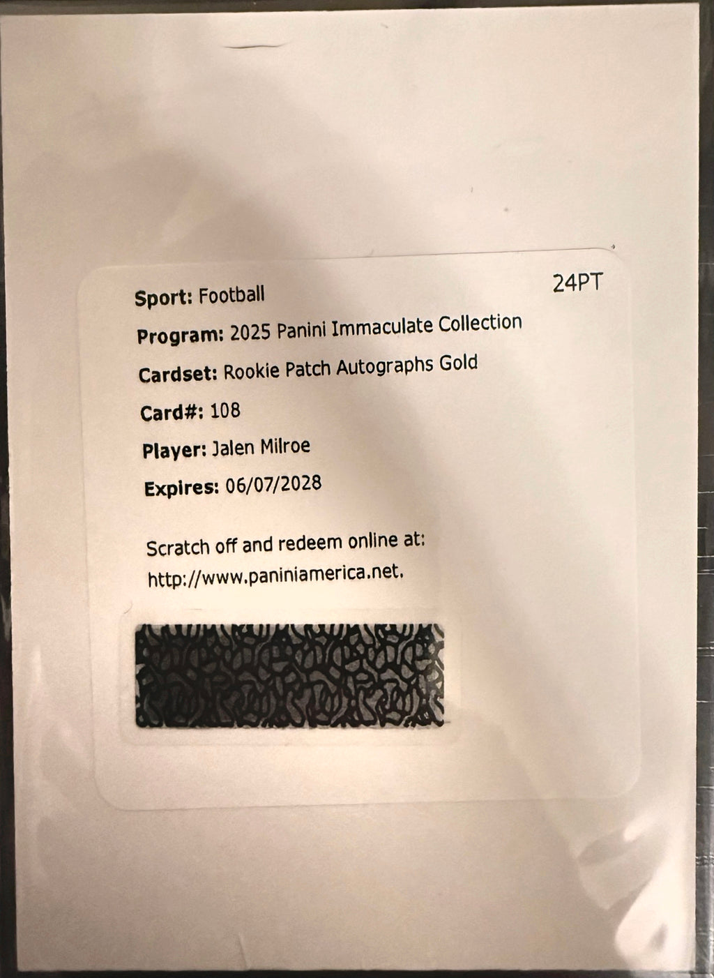 2025 Panini Immaculate Jalen Milroe Rookie Patch Auto Gold /25 #108 Redemption Card